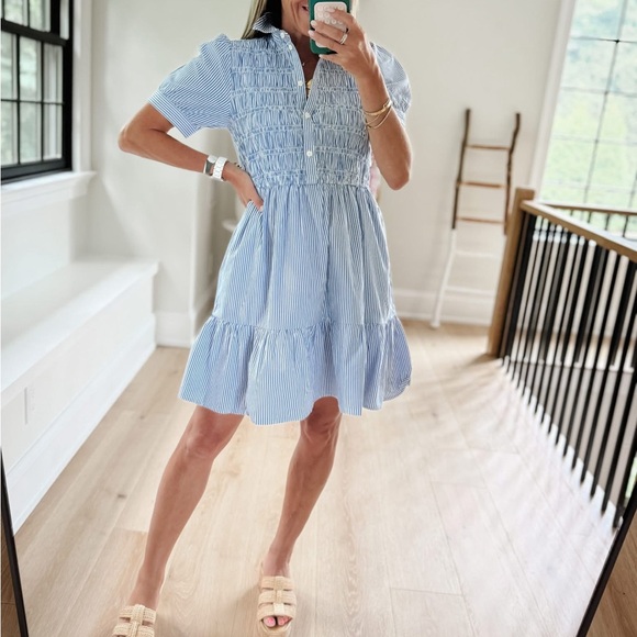 J. Crew Dresses & Skirts - J. Crew Light Blue Pinstripe Smocked Short Sleeve Mini Dress